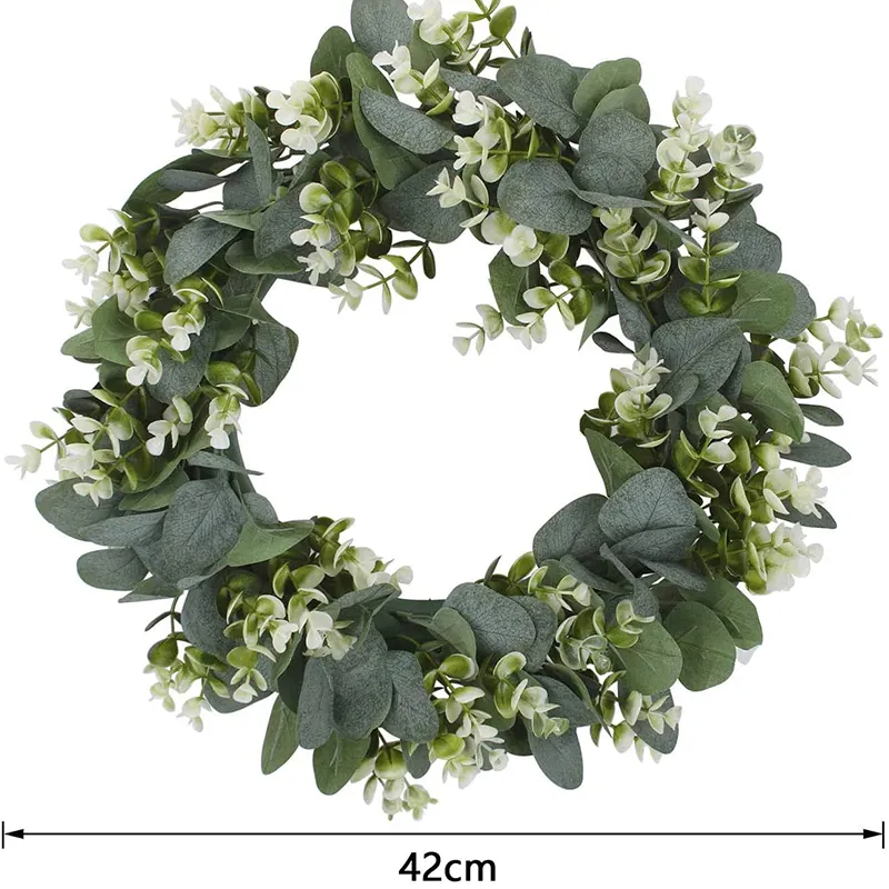 Round Green Leaf White Simulation Flower Decoration Wreath