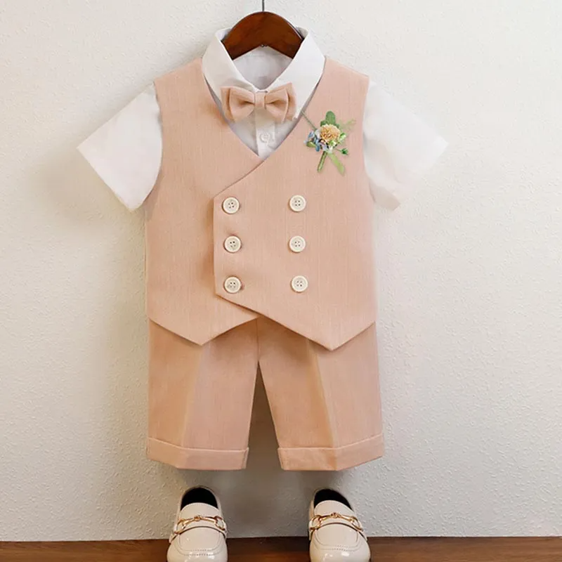 Kids Toddler Big Boys Summer Fashion Casual British Style Solid Color Bow Button Waistcoat Shirt Shorts Party Clothing Set