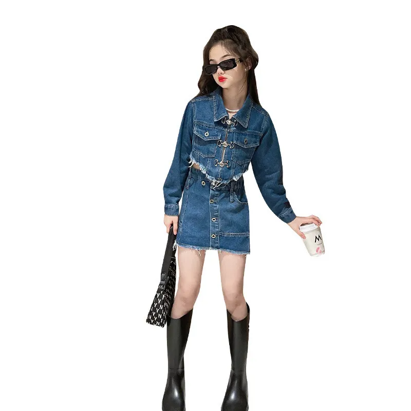 Kids Teen Girl Fashion Irregular Denim Two-Piece Set