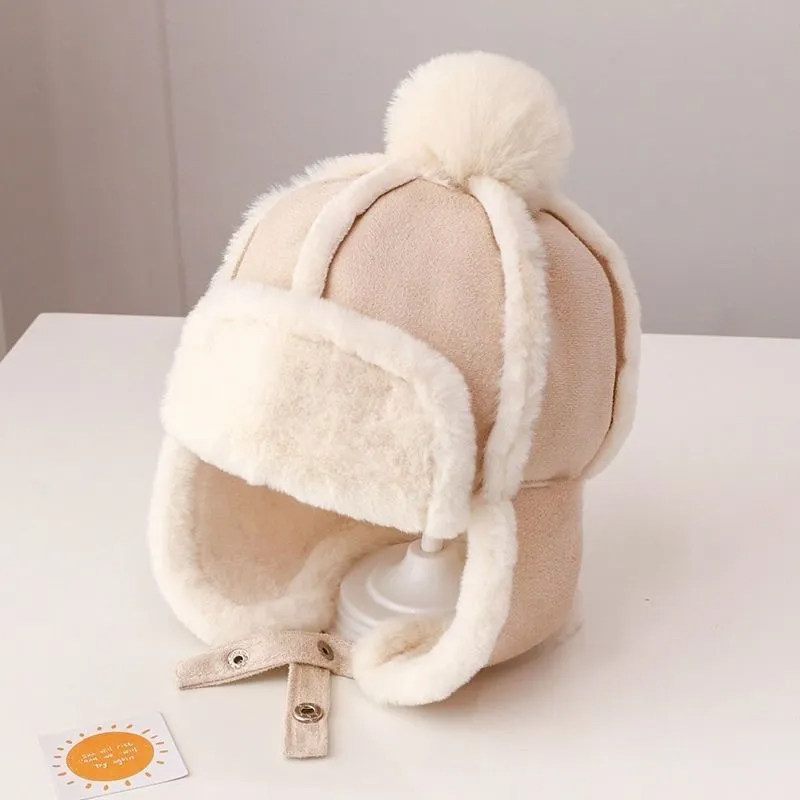 (Buy 1 Get 1) Kids Autumn Winter Casual Cute Woollining Big Fur Ball Suede Cap