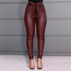 Women Fashion Solid Color High Waist Sash PU Pants