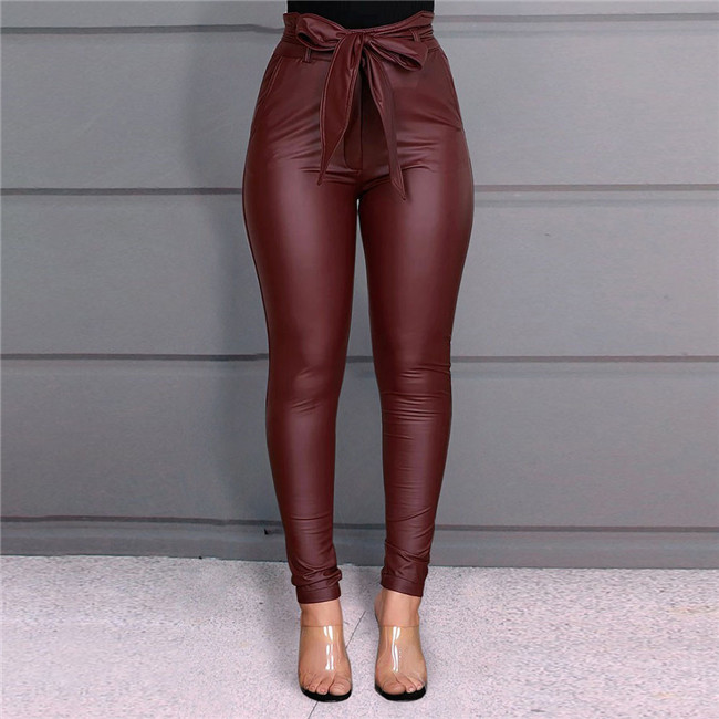 Women Fashion Solid Color High Waist Sash PU Pants