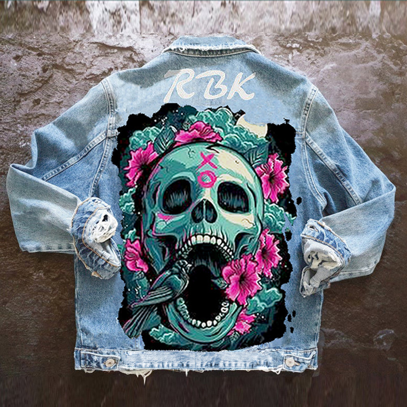 Women Casual Long Sleeves Graphic Printed Single-Breasted Denim Jacket