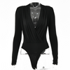 Women Autumn Winter Elegant Wolid Color V Neck Long Sleeve Padded Bodysuit