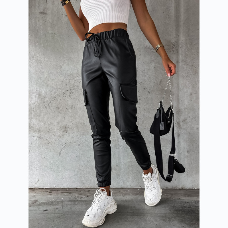 Women Fashion Solid Color Elastisch High Waist Pu Pencil Pants