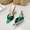 Women Sexy Fashion Pointed Toe Rhinestone Satin Bow Transparent Heel Slippers