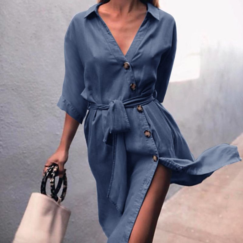 Women Casual Sash Half-Sleeve Shirt Collar Side-Slit Denim Dress