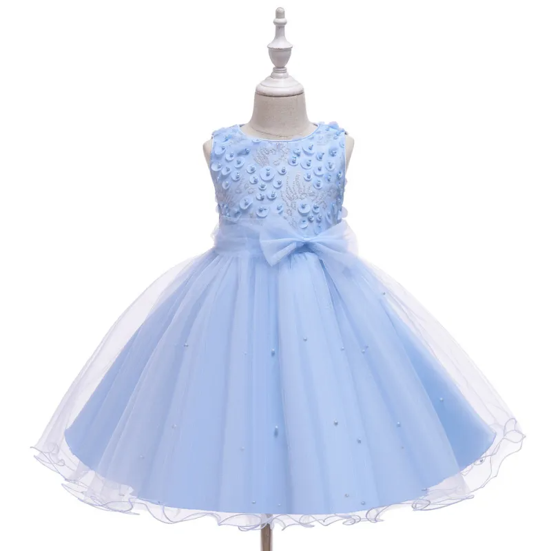 Kids Toddler Big Girls Fashion Party Cute Sweet Solid Color Sequins Bow Pearl Pleated Sleeveless Mesh Party Tutu Dress