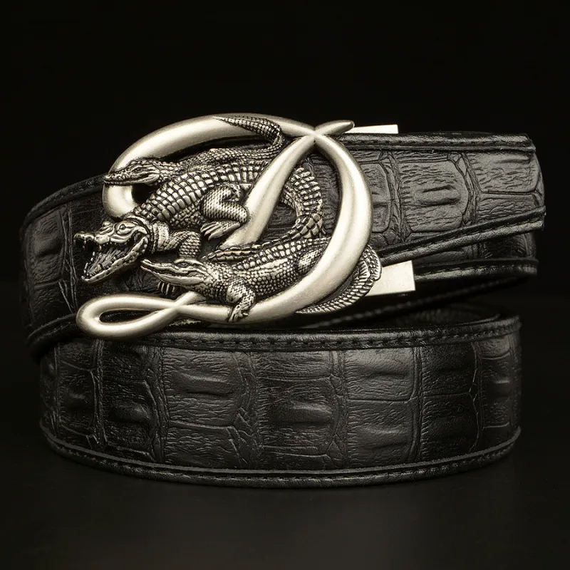 Men Fashion Casual Business Solid Color Leather Metal Buckle Crocodile Belt