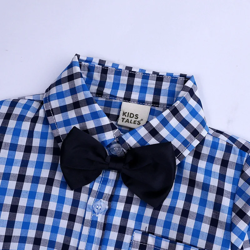 Fashion Boys Plaid Pattern Lapel Tie Shirt