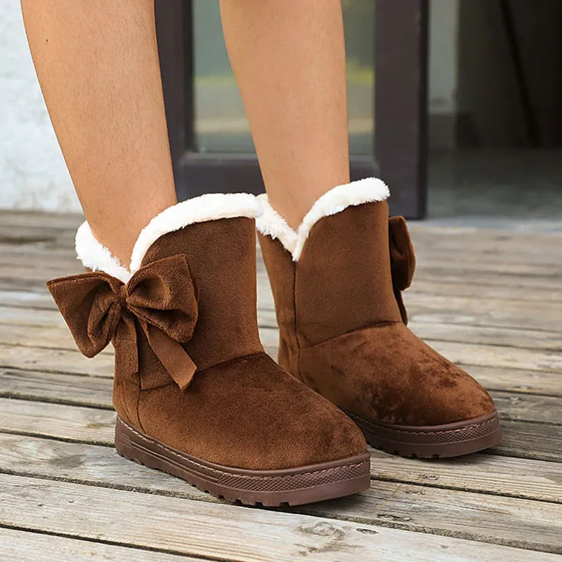 Women Winter Bow Decor Fleece Lined Plush Snow Short Boots