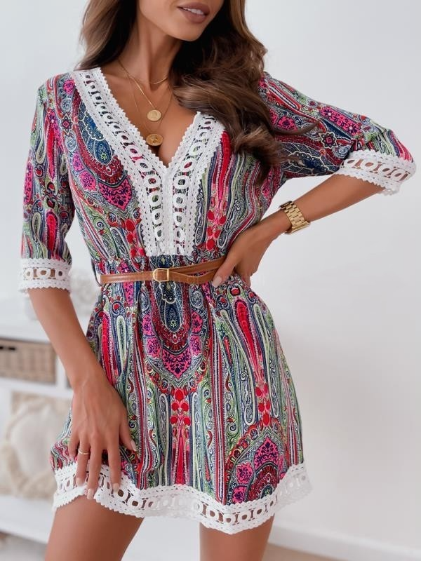 Women Fashion Casual Boho Floral Printed V-Neck Short Sleeve Dress