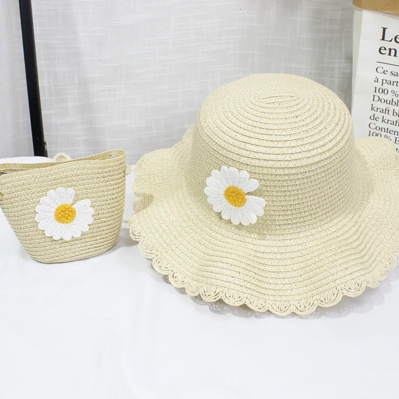 Kids Fashion Small Daisy Straw Bucket Hat + Messenger Bag Set