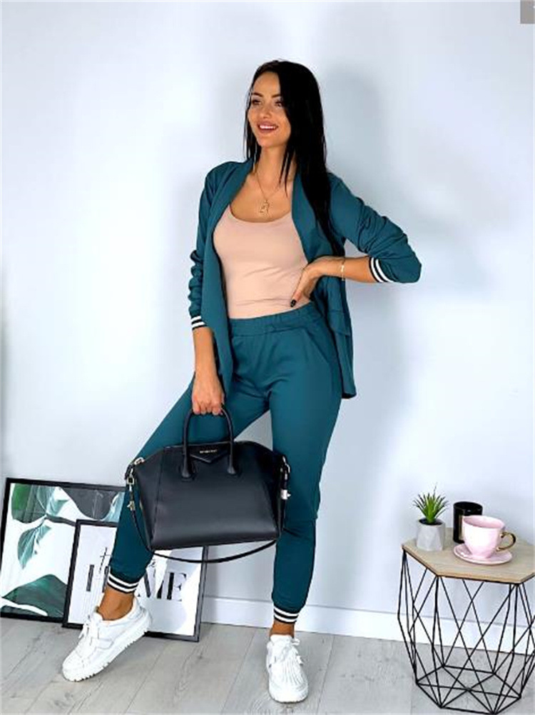 Women Solid Color Long Sleeve Lapel Top And Pants Casual Two Piece Set