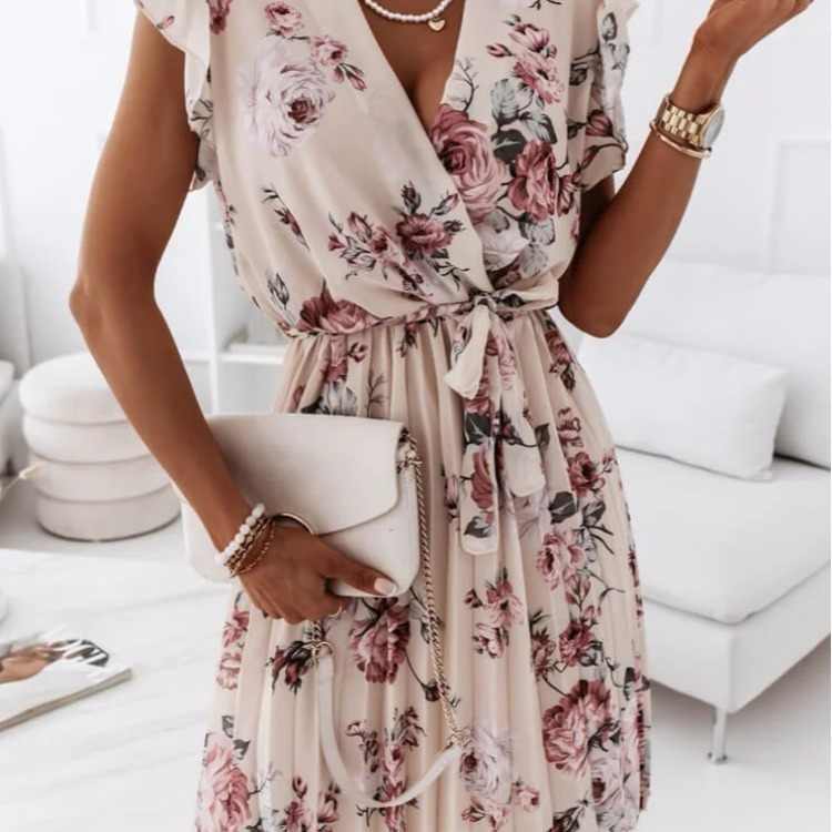 Women Fashion Ruffled Short-Sleeved V-Neck Printing Dress