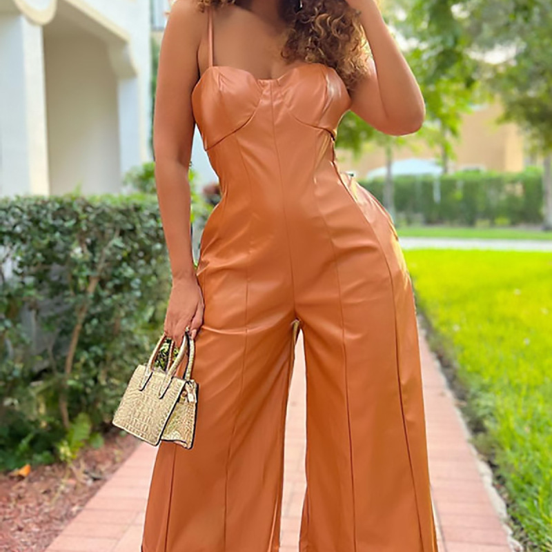 Women Solid Color Pu Sling Waist Casual Wide-Leg Jumpsuit