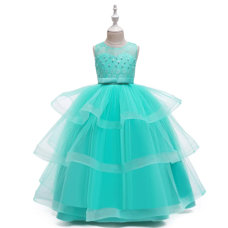 Kids Toddler Big Girls Fashion Party Cute Sweet Floral Solid Color Pearl Pleated Sleeveless Mesh Party Tutu Dress