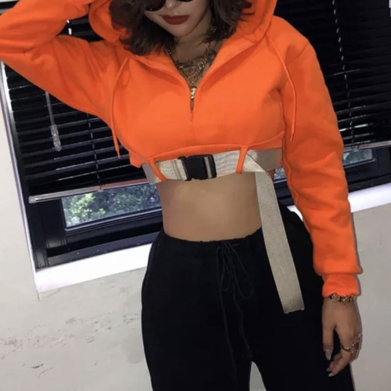 Women Unique Belt Neon Color Zipper Cropped Hoodie