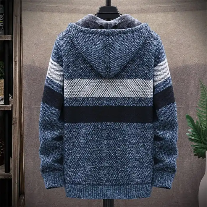 Men Fashion Color Blocking Zipper Hooded Knitwear Coat