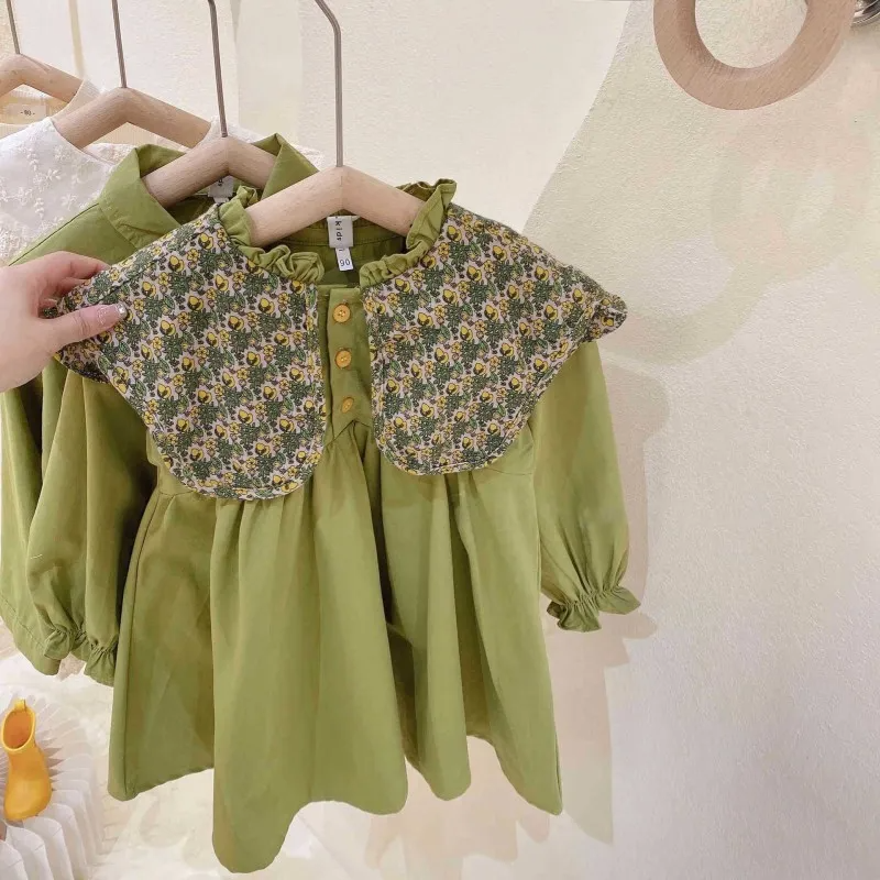 Kids Toddler Girls Fashion Casual Cute Solid Color Embroidery Floral Plaid Lapel Dress