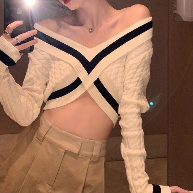 Women Fashion Summer Off-Shoulder Color Blocking Knitted Cropped Sweater