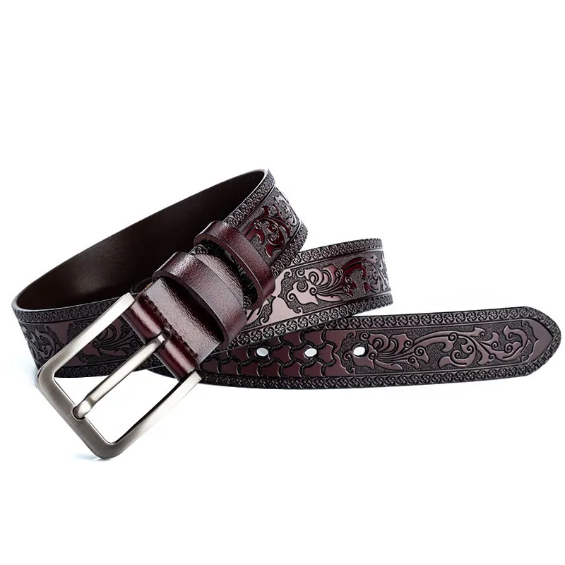 Men Fashion Casual Personality Vintage Genuine Leather Rivet Metal Buckle Embossed Belt