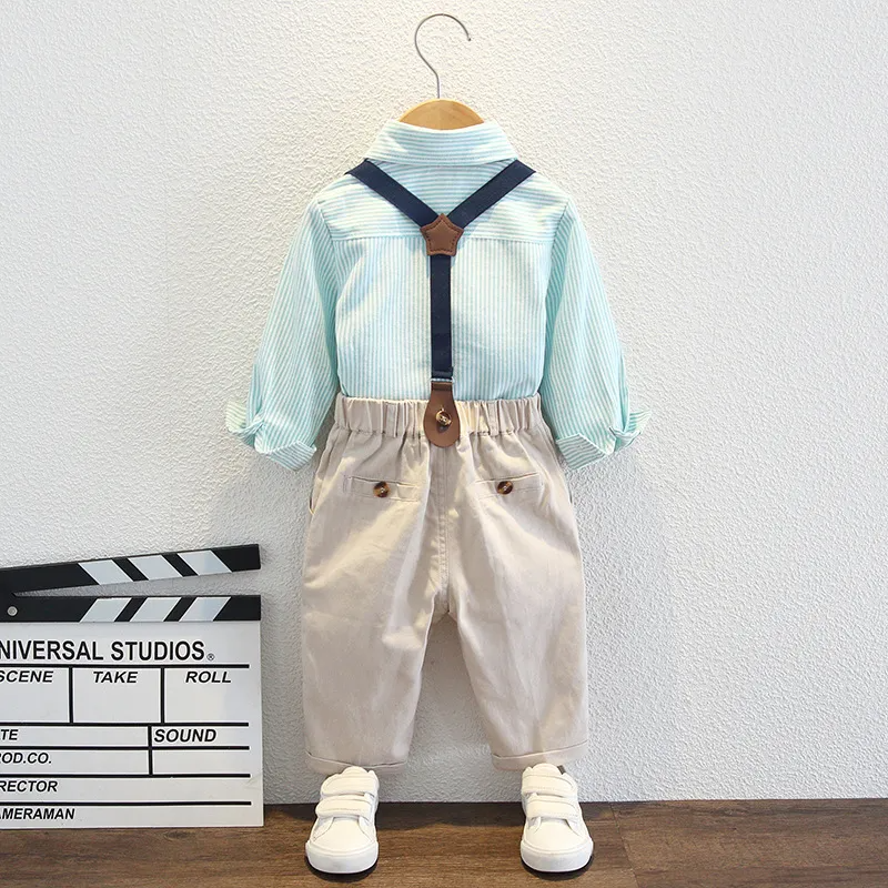 Kids Toddler Big Boys Fashion Casual British Style Solid Color Bow Button Stripe Waistcoat Shirt Suspender Trousers Party Clothing Set