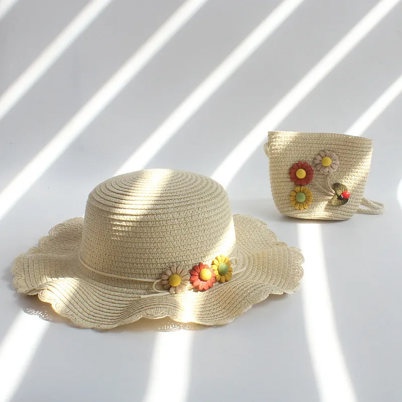 Kids Fashion Sun Hat Straw Floral Crossbody Bag Set