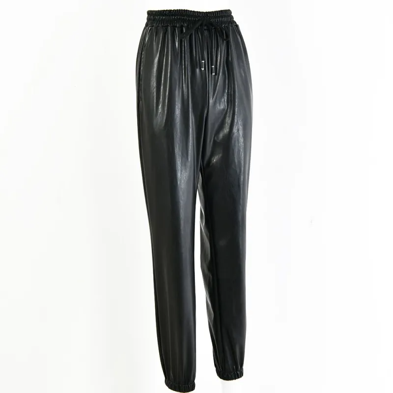 Women Fashion Drawstring Design Solid Color PU Leather Jogger Pants