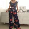 Women Elegant Off-Shoulder Floral Print Casual High Waist Wed Leg Jumpsuits