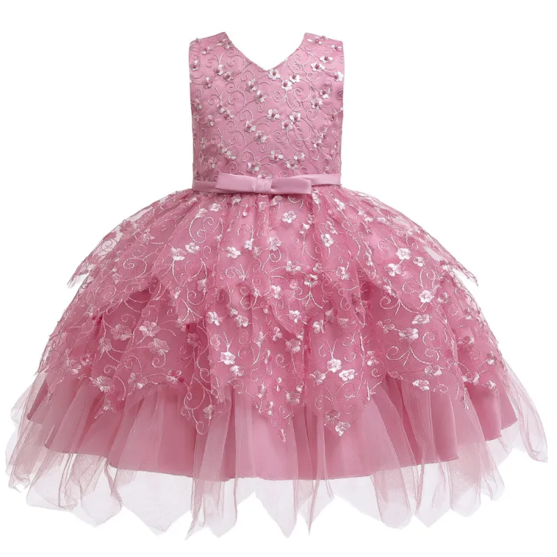 Kids Toddler Girls Fashion Party Cute Sweet Solid Color Floral Embroidery Pleated Sleeveless Mesh Party Tutu Dress