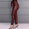 Women Fashion Solid Color High Waist Sash PU Pants