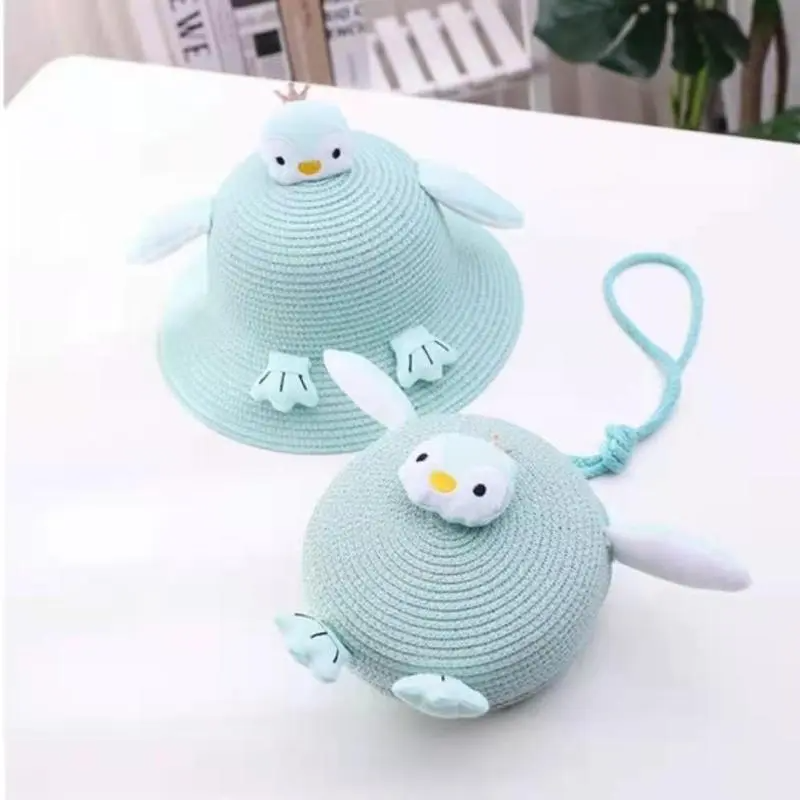 Children Kids Baby Fashion Girls Cartoon Penguin Woven Straw Shoulder Bag And Hat