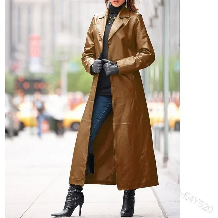 Women Fashion Solid Color PU Long Coat