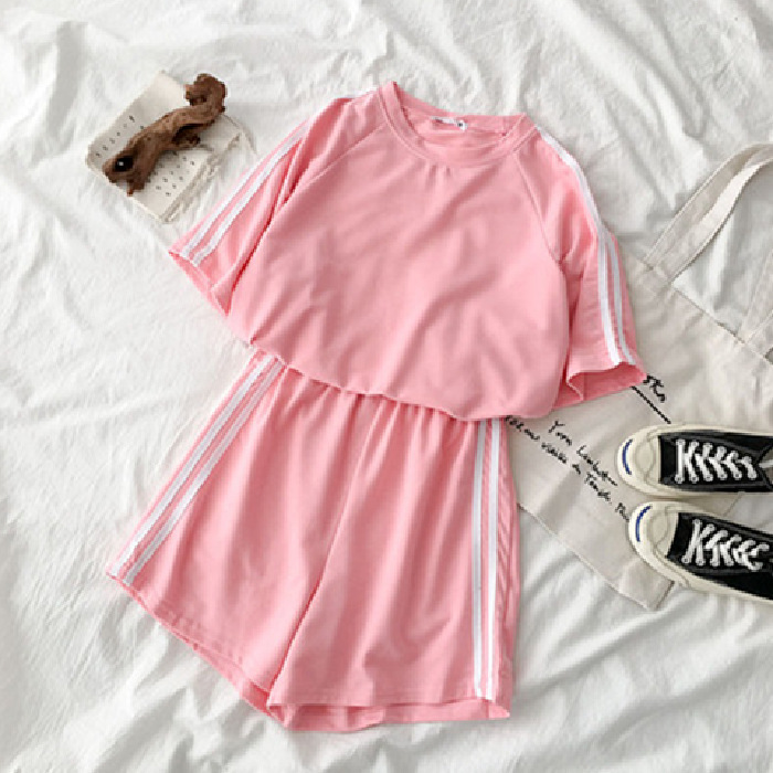 Women Casual Sports Athleisure Striped Short Sleeve T-Shirt And Shorts Student Set