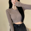 Women Casual Edgy Basic Solid Round Neck Rib-Knit Slim Long Sleeve Crop Top