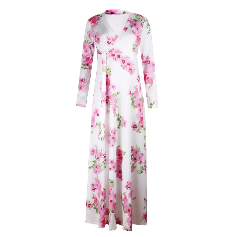 Ramadan /Eid Women Casual V-Neck Long-Sleeve Lace-Up Flower Print Maxi Swing Dress