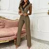 Women Color Matching Button V-Neck Sleeveless Houndstooth Jumpsuit