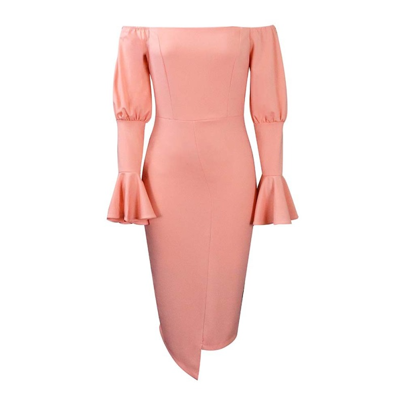 Women Fashion Sexy Solid Color Off-The-Shoulder Flare Sleeve Tight Dress