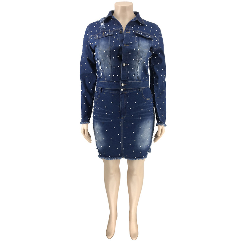 Women Plus Size Fashion Beaded Design Long-Sleeve Short Coat And Bodycon Skirt