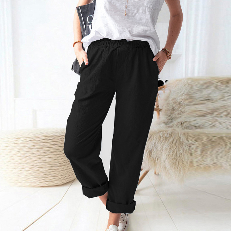 Women Summer Loose Casual Solid Color Pocket Wide Leg Pants