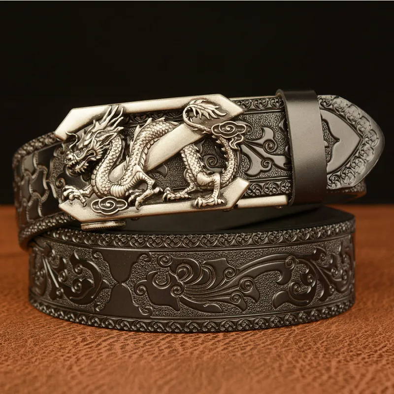 Men Fashion Casual Business Solid Color Embossed Leather Dragon Metal Buckle Belt