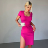 Women Fashion Basic Solid Color U-Neck Short-Sleeved Slit Tight Dress