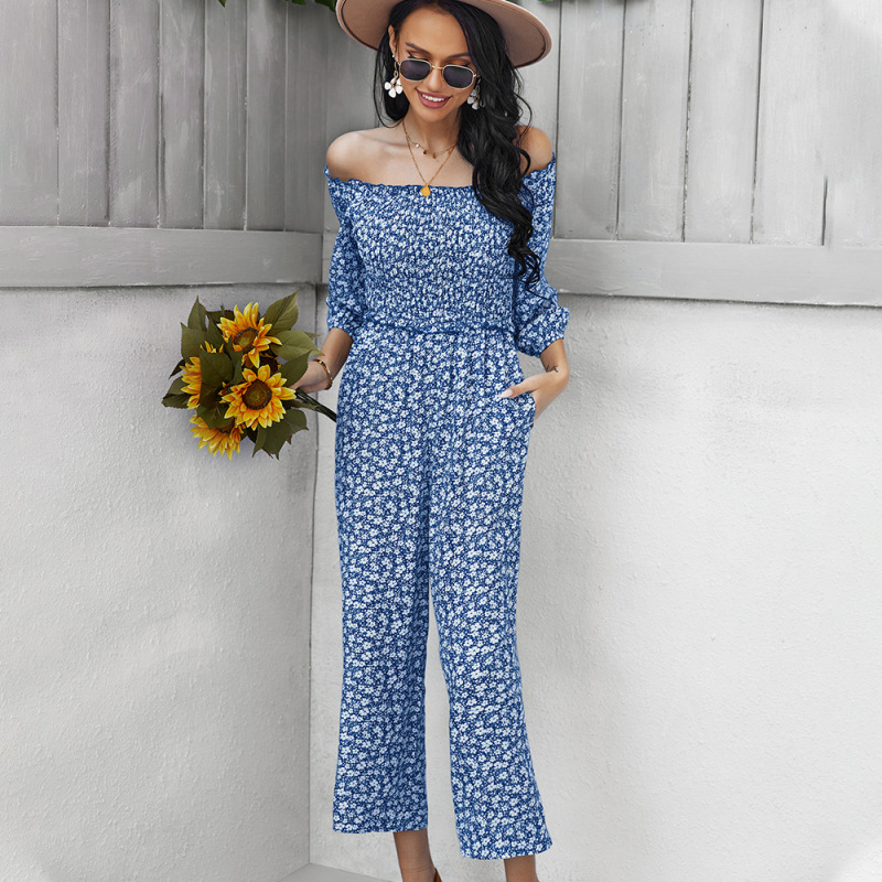 Women Vacation Long Sleeve Printed Pleated Waist Fashion Wide Leg Jumpsuit