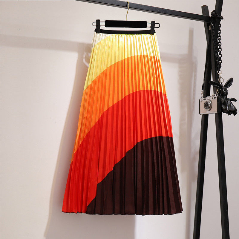 Summer Casual Women Ripple Color Matching Printing Pleated Skirt