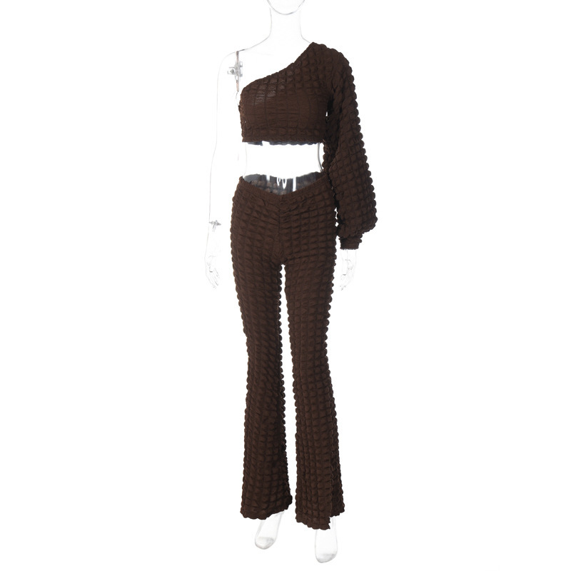 Women Solid Color Pleated One Shoulder Long Sleeve Top And High Waist Pants Two-Piece Set