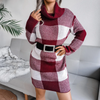 Women Casual Elegant Winter Plaid Turtle Neck Color Blocking Knitted Dress