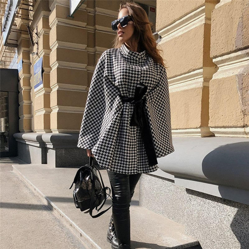 Women Creative Houndstooth Print Knotted Cloak Loose Coat