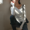 Women V-Neck Fashion Long-Sleeved Irregular Side Button Surplice Knitwear