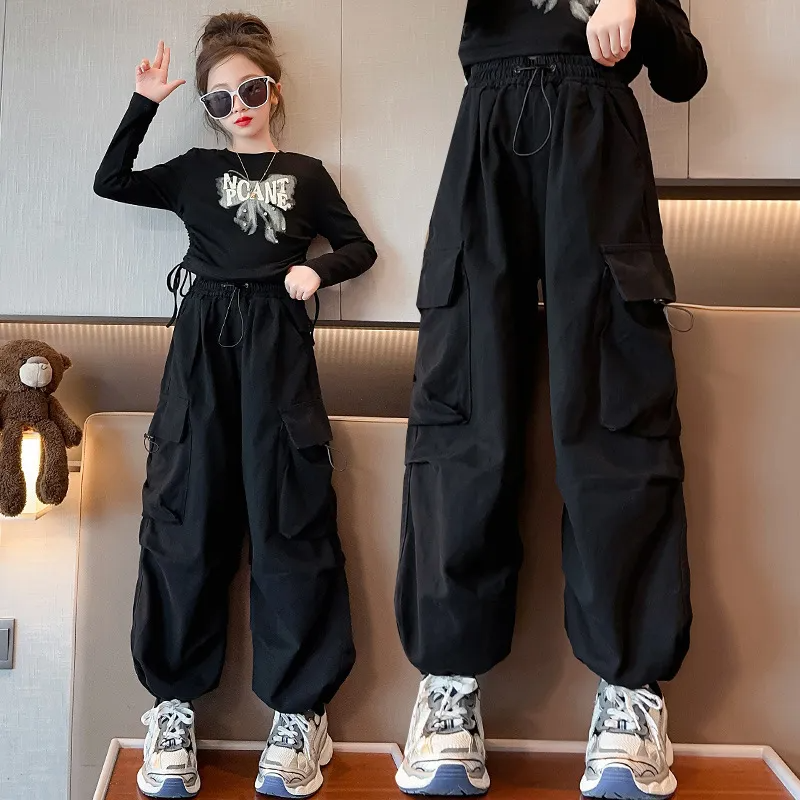 Kids Teen Girl Casual Solid Color Multi-Pocket Cargo Pants